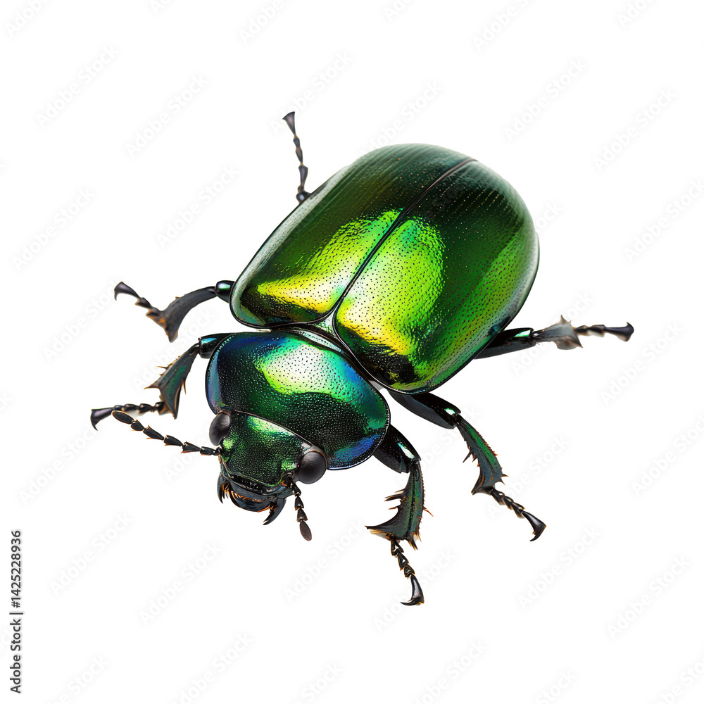 Naklejka premium Vibrant Green Jewel Scarab Beetle Macro Photography Stunning iridescent colors and intricate details of a rare insect