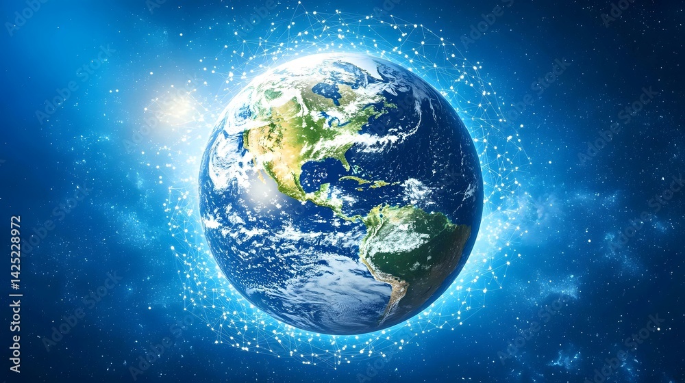 Fototapeta premium The image shows a detailed depiction of planet Earth, prominently displaying the Americas, encircled by a glowing network of interconnected nodes, all set against a deep blue cosmic backdrop.