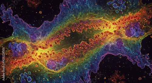 Cell Structure Under Microscope – Science Macro. Macro science visualization of cellular structure on slide, high detail and contrast. Excellent for biology education, research visuals, and lab presen