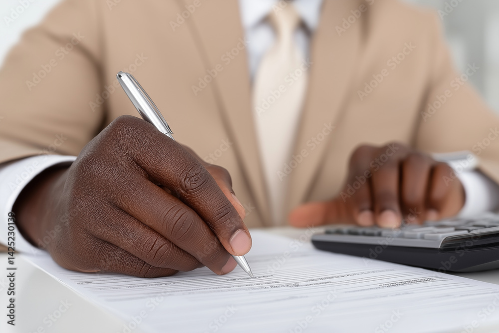A Black businessman is working with documents at his office desk. The closeup photo shows an African American male entrepreneur using a calculator and taking notes A Black businessman is working with documents at his office desk. The closeup photo shows an African American male entrepreneur using a calculator and taking notes
