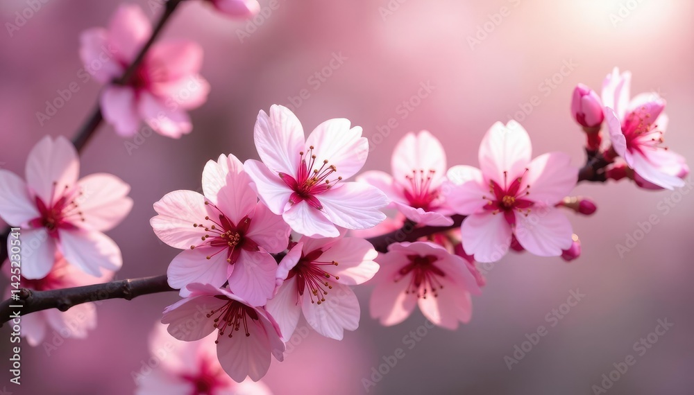 Fototapeta premium Delicate pink sakura blossoms, full bloom, intricate pattern, texture, branch