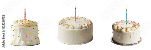 Colorful Birthday Cakes with Candles and Sprinkles on a Transparent Background