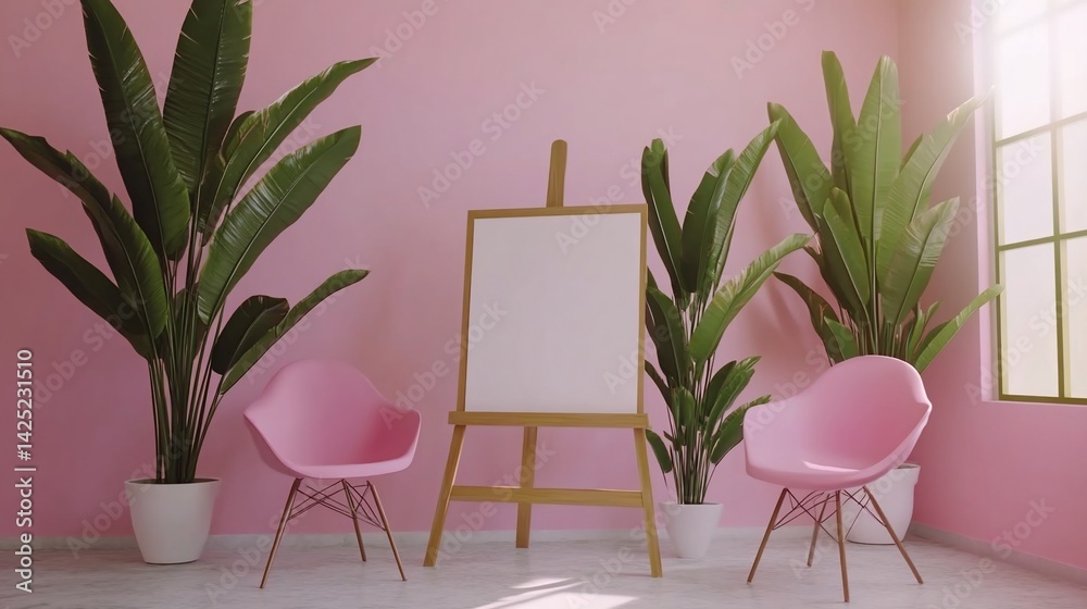Fototapeta premium Pink room with plants and easel