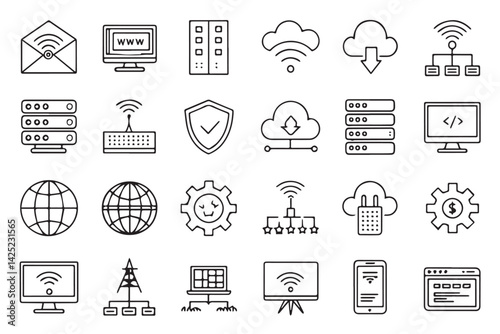 Information Technology line art icon set of collection. network,internet,website,software,programming,wifi,database,processor,communication and others. Editable stroke. Vector illustration
