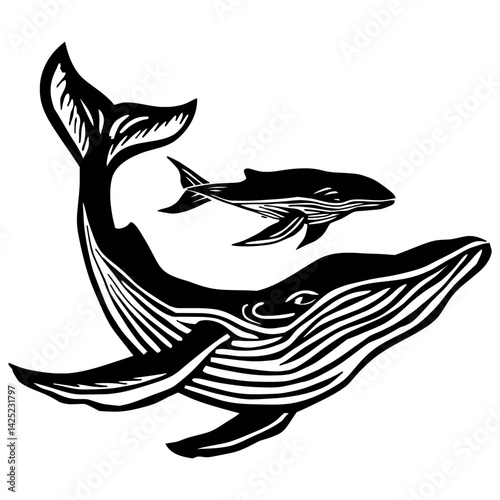 Vector illustration of a humpback whale and calf in black and white. Ideal for ocean and nature themes.