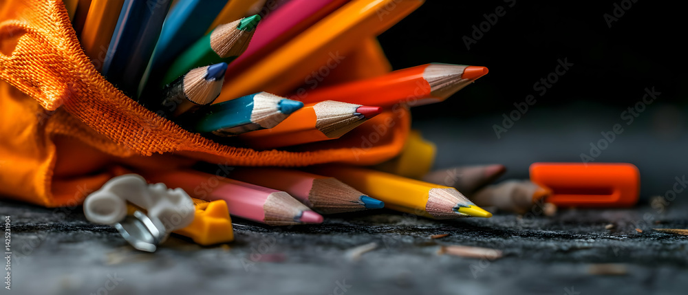Obraz premium Colorful pencils in an orange pouch