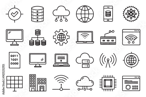 Information Technology line art icon set of collection. network,internet,website,software,programming,wifi,database,processor,communication and others. Editable stroke. Vector illustration 