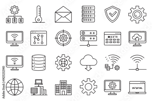 Information Technology line art icon set of collection. network,internet,website,software,programming,wifi,database,processor,communication and others. Editable stroke. Vector illustration IT related 