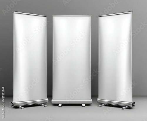 Blank Banner Stand Mockup: A trio of sleek, blank banner stands offers a pristine canvas, each poised to showcase a unique message, design, or advertisement against a neutral backdrop.