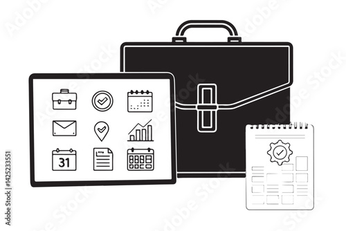 Set of 3 outline icons related of Business and Office thin line icons. Editable stroke vector calendar bag and more Illustration