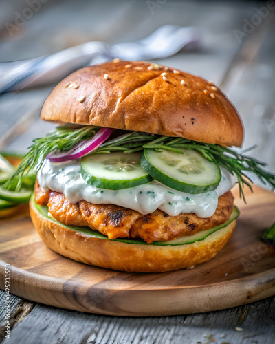 Delicious Grilled Salmon Burger with Cucumber and Dill