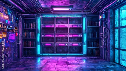 Futuristic sci-fi library interior with neon lighting, digital interfaces, metal shelves, and vibrant cyberpunk tech elements.