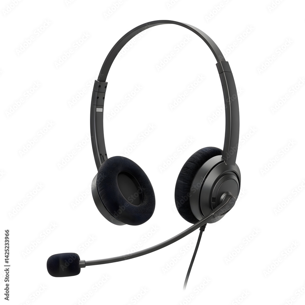 Close up shot of a wired headset with microphone on a dark colored surface on transparent background Close up shot of a wired headset with microphone on a dark colored surface on transparent background