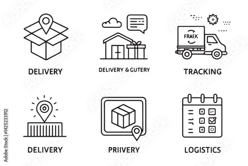 set of 6 outline icons related to Delivery and Logistics. Icon of Delivery and Guttery, Shacking, Tracking, Precept, Devan and lark. editable stroke vector and Illustration icon set