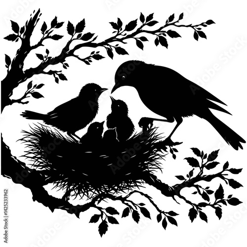 A mother bird feeding chicks in a cozy nest on a tree branch silhouette, black on white, isolated (1) [Converted]