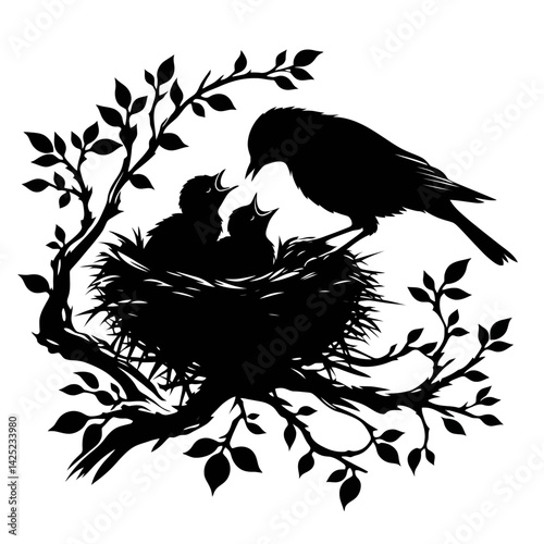 A mother bird feeding chicks in a cozy nest on a tree branch silhouette, black on white, isolated (2) [Converted]
