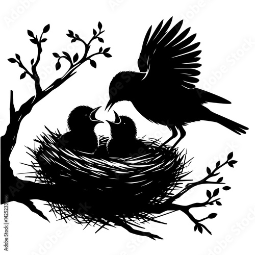 A mother bird feeding chicks in a cozy nest on a tree branch silhouette, black on white, isolated (3) [Converted]