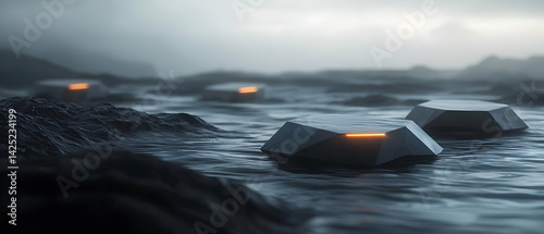 Futuristic, floating, polygonal structures on a misty, alien coastline