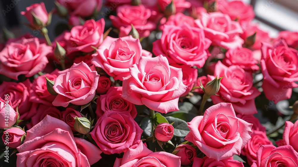 Beautiful pink roses in full bloom for use as a background image. AI generated. Beautiful pink roses in full bloom for use as a background image. AI generated.