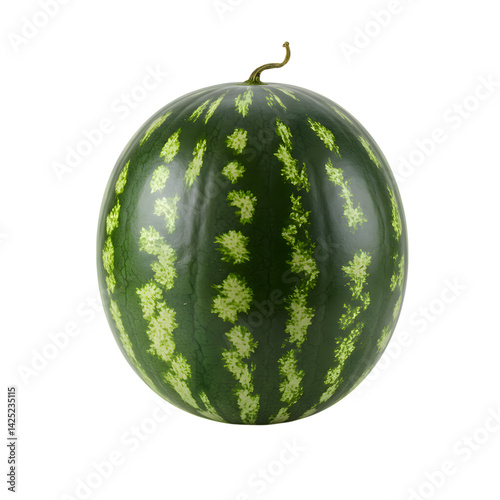 Isolated fresh watermelon with stem and green rind on a dark contrasting space on transparent background