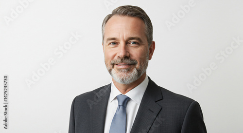 Professional portrait of a senior businessman with gray hair and beard, dark suit and light blue tie, minimal white backdrop, modern business style and genuine smile.