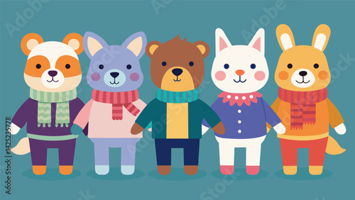 A collection of handknitted toy animals each one more charming than the last thanks to their new cozy sweaters.. Vector illustration