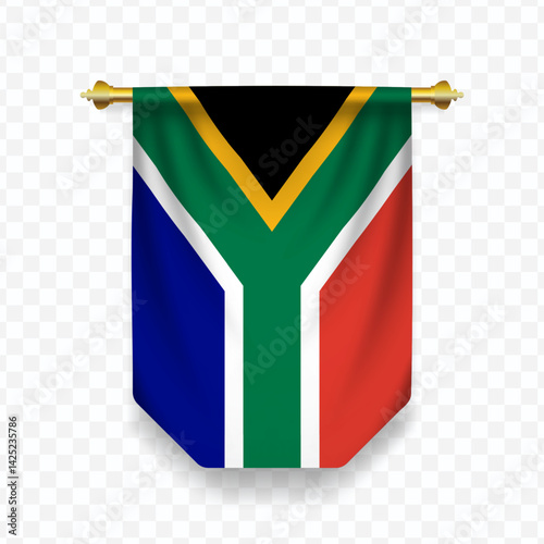 Flag of South Africa. Vector illustration of a vertical hanging flag on a transparent background.