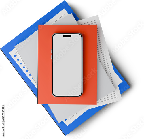 top view of smartphone lying on a pile of books