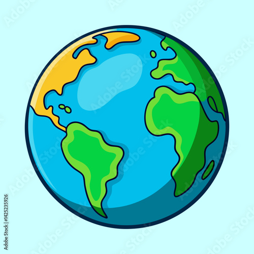 Cartoon Earth with blue oceans and green continents on a light blue background