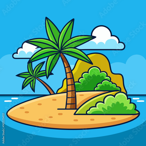 Cartoon tropical island with palm trees, blue sky and ocean scenery