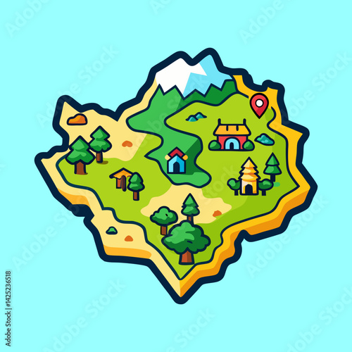 Cartoon Island Map with Mountains, Beaches, Buildings and Marker Pin