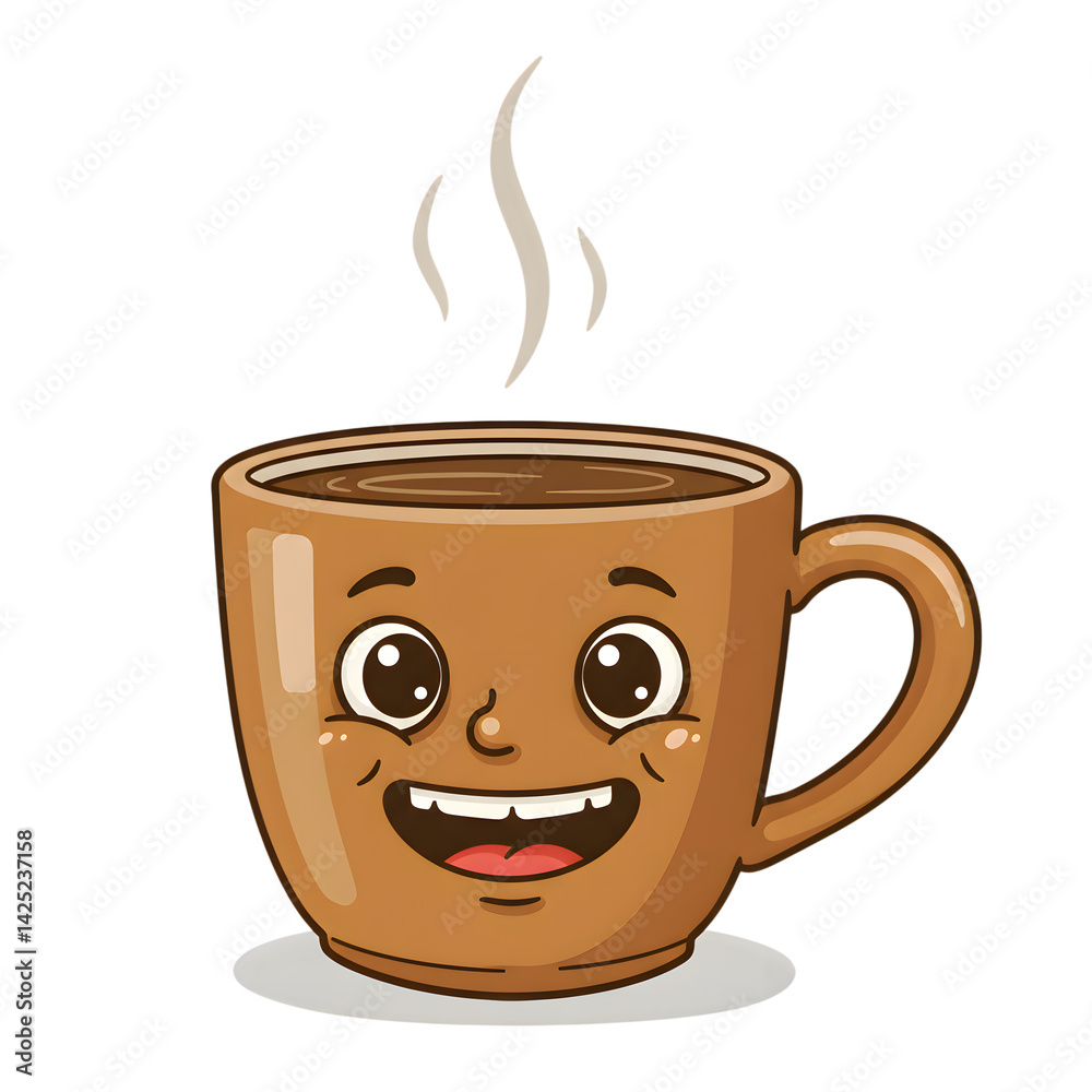 Obraz premium Cartoon coffee mug with a smiling face and steam rising from the liquid inside on transparent background