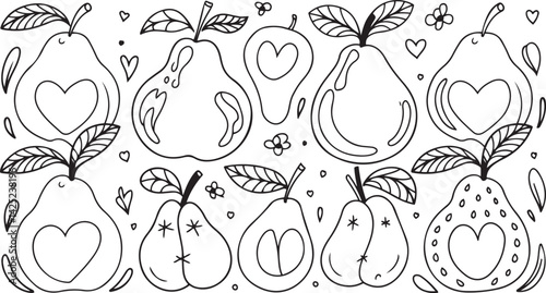Monochrome hand drawn illustration of pears in a whimsical style with one pear lying down and the other standing against a lightly textured background