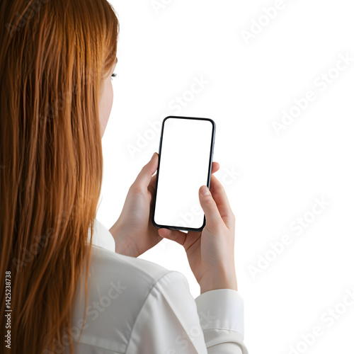 Red haired woman holding a smartphone with a blank white screen in her hands on transparent background