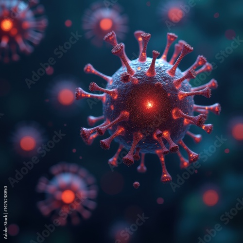 Abstract visualization of AI algorithm processing epidemic data, neural network graphics, digital code, and virus icons, futuristic concept.

