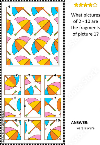 Abstract visual logic puzzle with umbrella pattern: What of the 2 - 10 are the fragments of the picture 1? Answer included.
