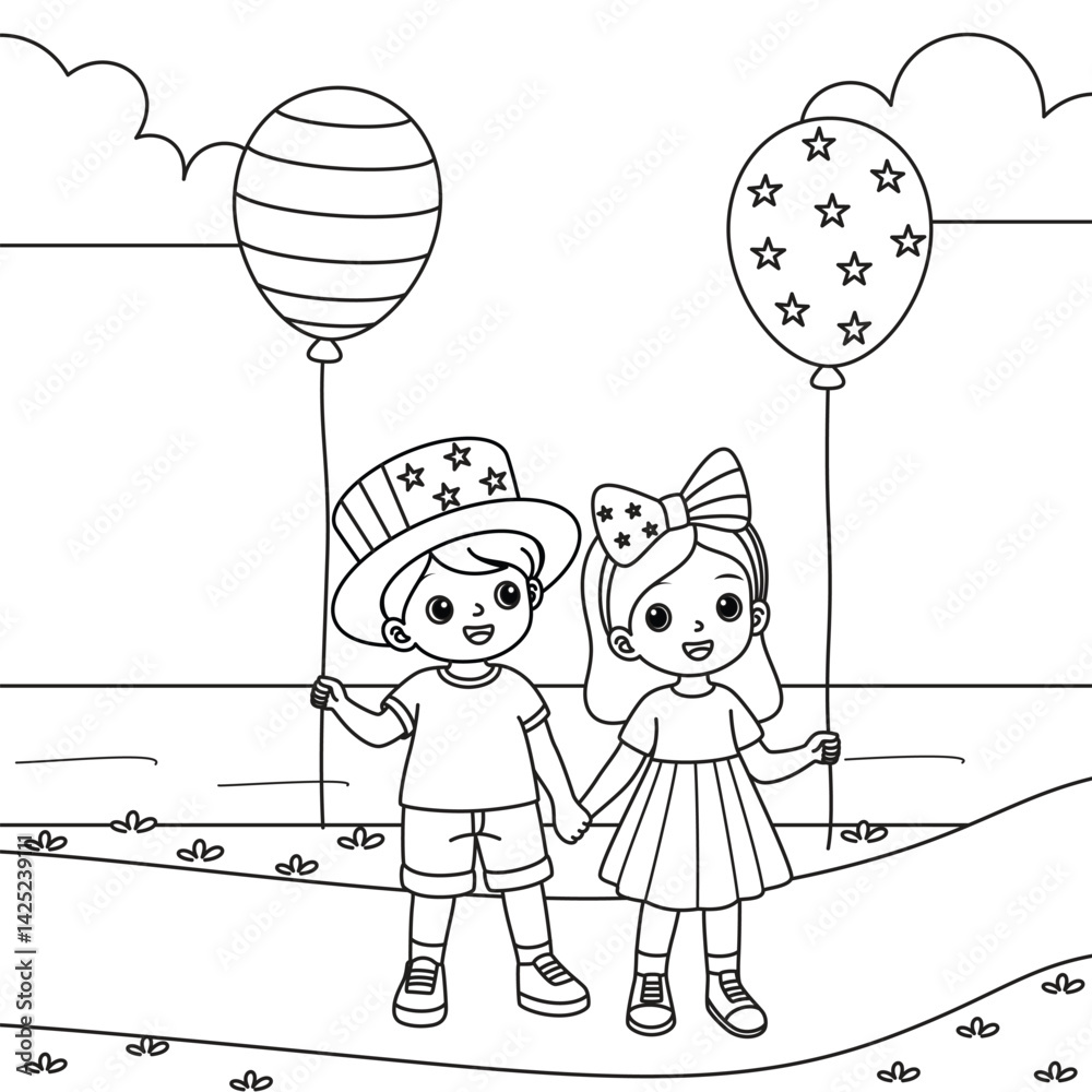 4th of July Boy and Girl with Balloon Coloring Page for Kids