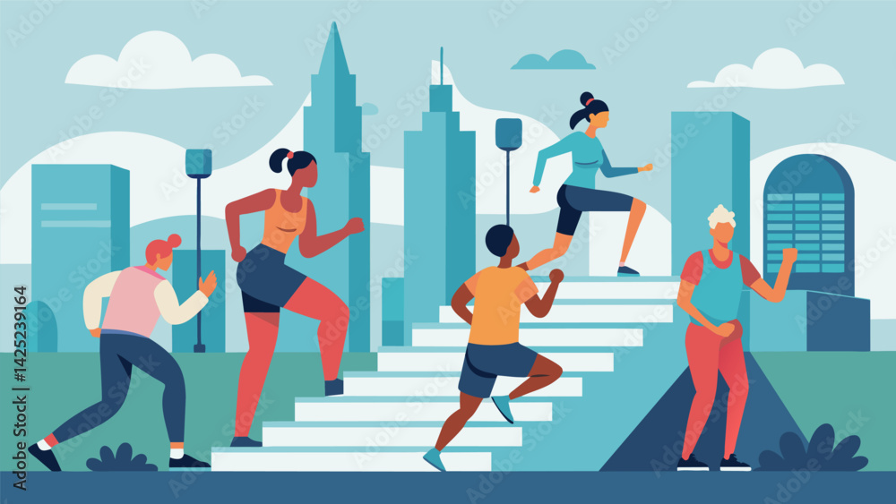 Obraz premium A group of fitness enthusiasts using the city as their playground incorporating urban elements like stairs and benches into their workout routine.. Vector illustration
