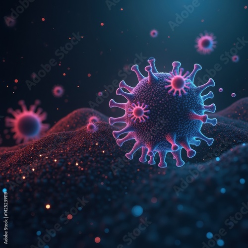 Abstract visualization of AI algorithm processing epidemic data, neural network graphics, digital code, and virus icons, futuristic concept.

