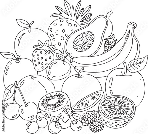 Detailed fruit arrangement in black and white featuring peach avocado and strawberries drawn in vintage line art style on a minimalist white background