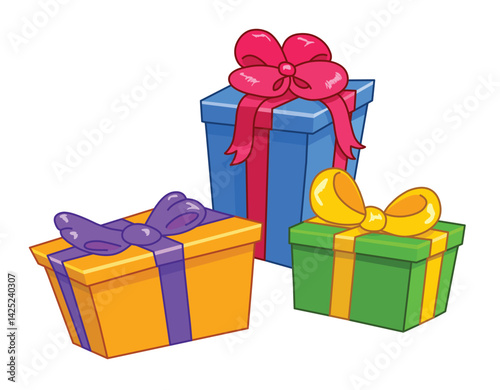 Colorful cartoon gifts stacked A yellow green and blue present with bows