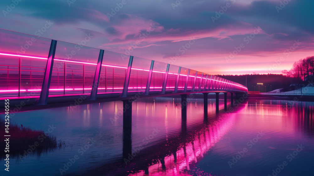 Solvesborg`s pedestrian bridge with pink luminance Solvesborg`s pedestrian bridge with pink luminance