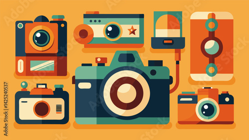 A collection of vintage cameras and photography equipment giving a glimpse into the past and the art of capturing moments.. Vector illustration