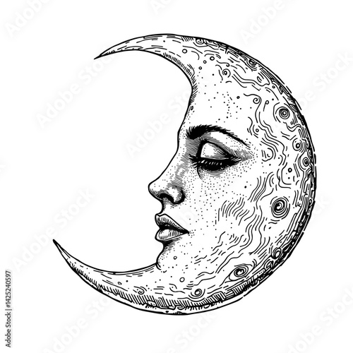 Moon with face engraving style vector illustration. eclipse with face illustration