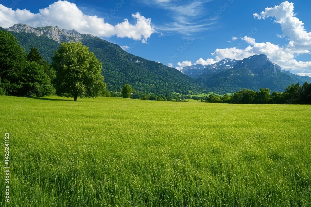 Obraz premium Mountain Grass. Tranquil Landscape with Green Grass Fields under Blue Skies