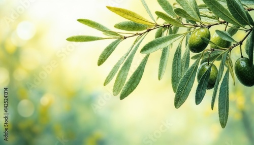 Close-up of olive branch with green olives and fresh leaves against blurred background