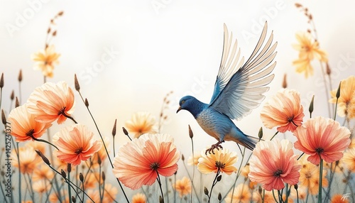 Blue dove flying above blooming flowers in vibrant garden during golden hour