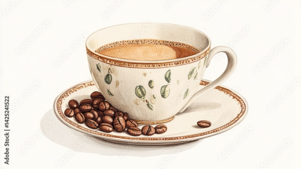 Ornate coffee cup with beans on a saucer Ornate coffee cup with beans on a saucer