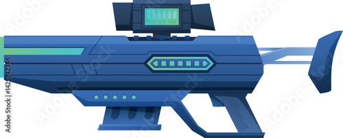 Vector illustration of a futuristic space blaster isolated on a clean white background, showcasing the elegant design and vibrant colors conveying the aesthetics of science fiction