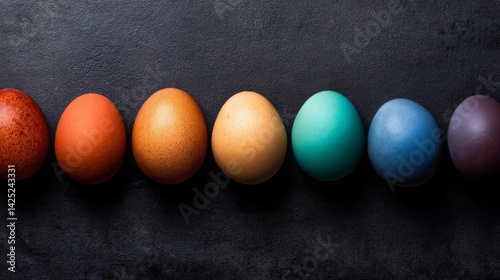 A vibrant display of colorful, hand-dyed eggs arranged on a dark surface.